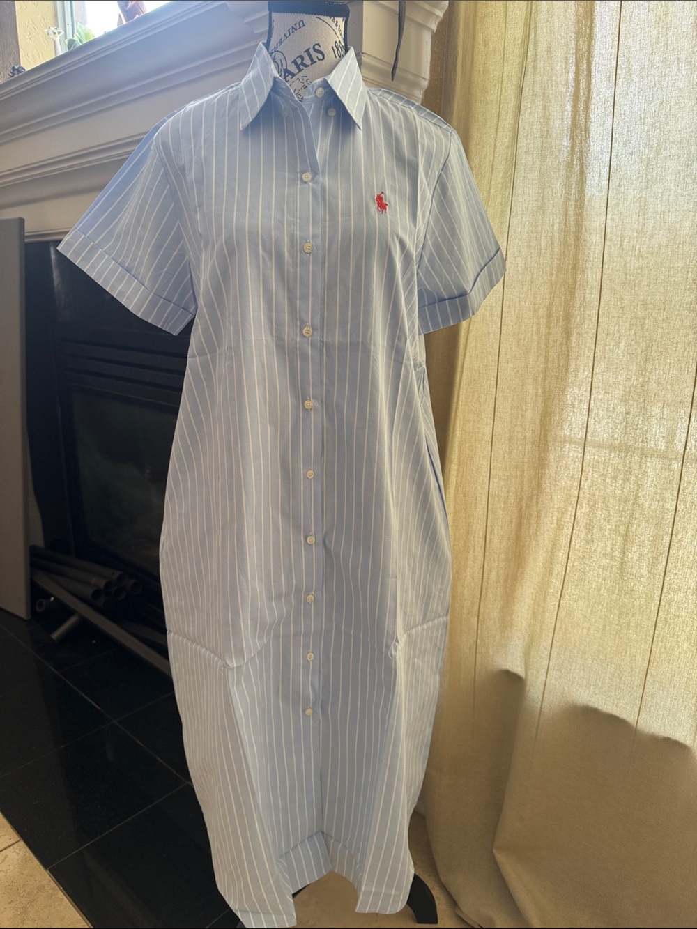 Ralph Lauren Light Blue and White Pinstripe Shirt Dress with Red Polo Logo